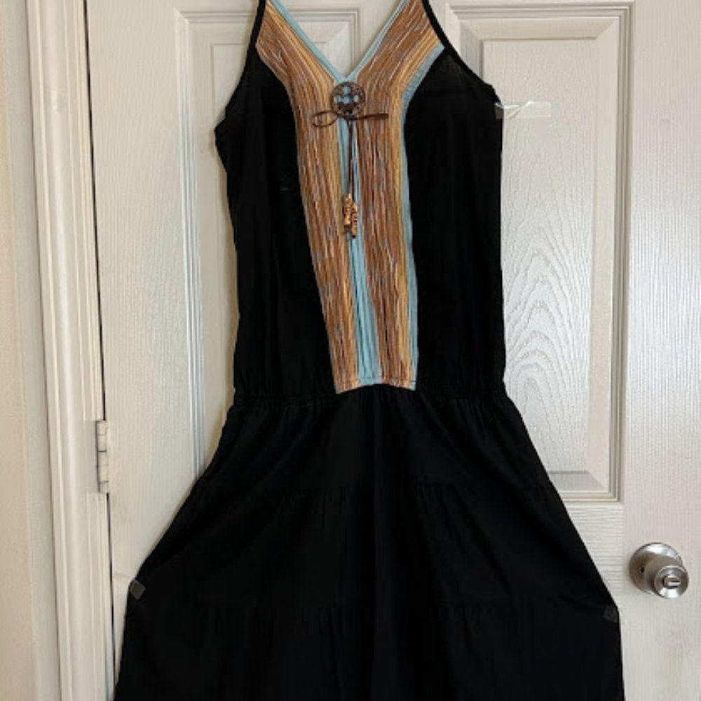 Women black with blue/brown/yellow trimmings sleeveless long / maxi dress